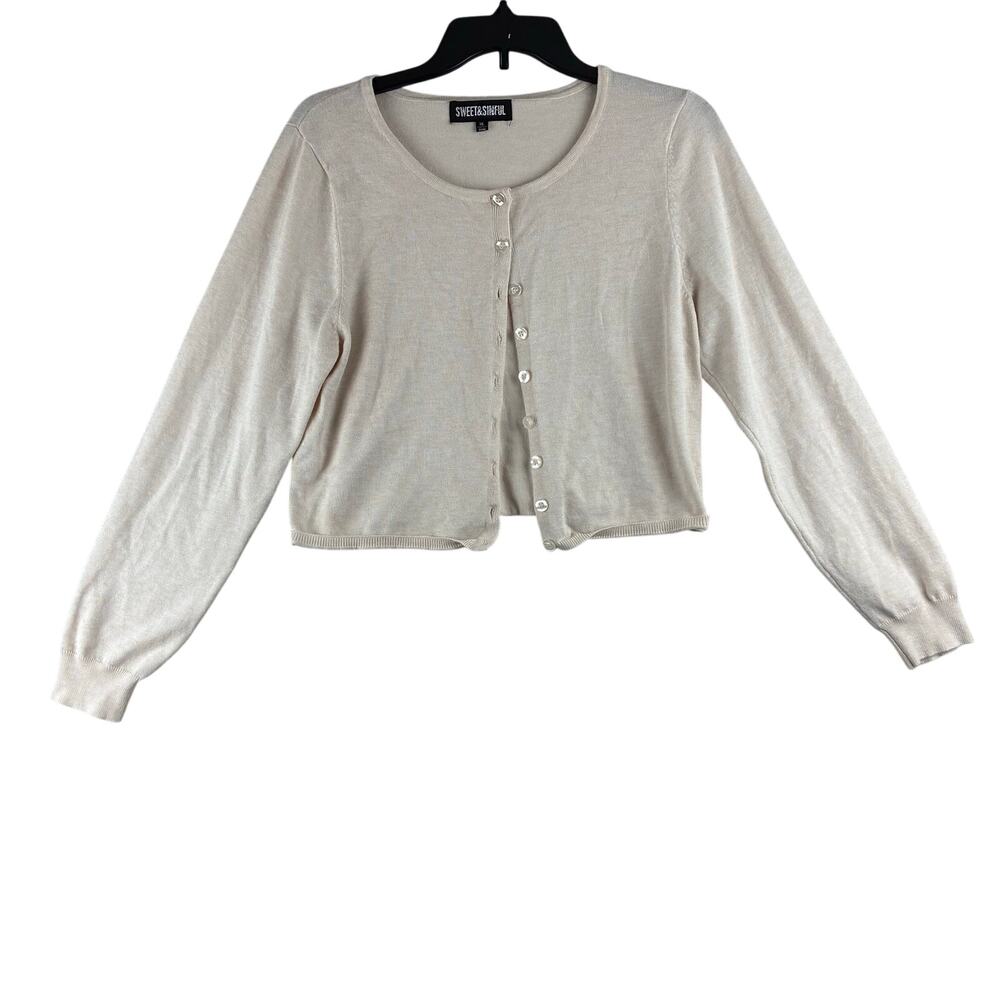 Sweet & Sinful Button Up Crop Sweater Cardigan Women's XL Cream Preppy Academia